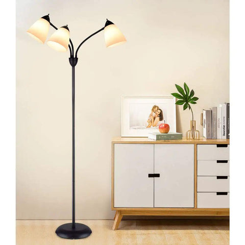 Three Light Modern Reading Floor Lamp With Adjustable Gooseneck 360 Degree Omnidirectional Lighting in a living room setting