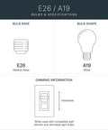 Specification diagram showing E26 medium base and A19 bulb shape with dimming compatibility for outdoor semi flush light with a slick black finish, 2 light exterior ceiling light with satin etched cased opal glass, 11.5 inch wide by 6.5 inch high, weatherproof patio porch exterior lighting.