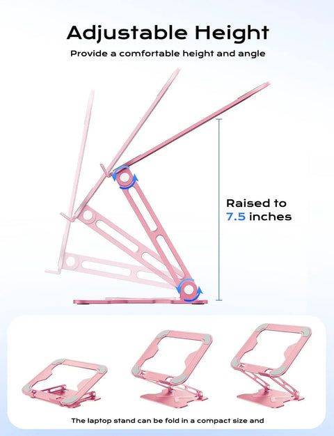 Adjustable Laptop Stand For Desk With Metal Foldable Riser Portable Ventilated Cooling Mount For 10 To 16 Inch Laptops Pink