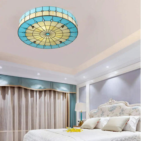 Blue Tiffany Style Mermaid Glass Ceiling Light Dope Vintage Flush Mount Chandelier for Bedroom and Living Room 15.7 Inch