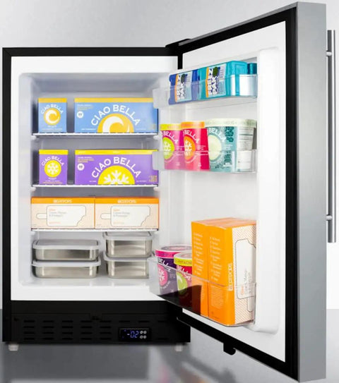Thirty Two Inch Undercounter All Freezer With Heavy Duty Stainless Steel Shell interior view showcasing frozen desserts and containers.