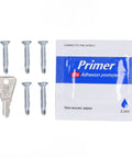 360 Degree Rotatable Childproof Window Lock With Non Mark Adhesive hardware kit with screws, key, and primer pack.
