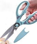 Heavy Duty Kitchen Scissors With Stainless Steel Blades, Sharp Shears For Meat, Fish, Poultry, And Veggies, Ergonomic TPR Grip, Multipurpose Cooking Scissors For Cutting, Slicing, And Deboning in hand with safety sheath