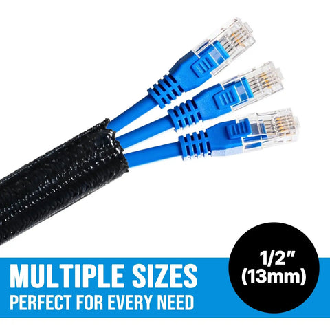 6.5ft Half Inch Cord Protector Split Loom Cable Sleeve For USB Power HDMI Audio Video Wires Braided PET Expandable Sleeving Cat Chew Guard Black