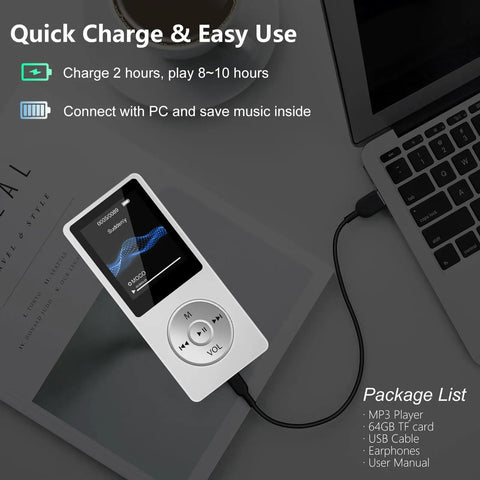 Bluetooth MP3 Player With Dope Built In Speaker And 64GB Card connected to laptop for charging