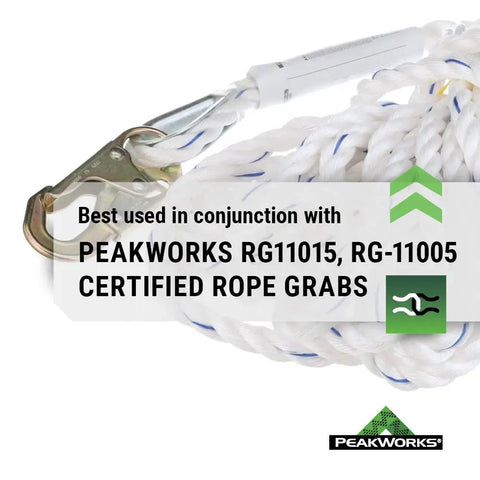 Heavy Duty Vertical Lifeline With Five Eighth Inch Polysteel Rope And Snap Hook For Industrial Construction Roofing And Recreation Use, Pro Grade Fall Protection That Meets ANSI And OSHA Standards, Available In Multiple Lengths shown with metal snap hook and rope.