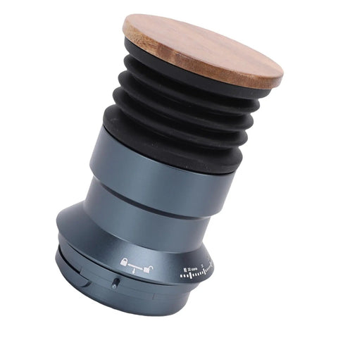 Solid Manual Single Dose Coffee Grinder Featuring Smooth Burr Mechanism And Silicone Bellow Blower For Hassle Free Cleanup Walnut Wood Lid Aluminum Frame Crafted For Peak Flavor Freshness Your Everyday Grind, showing aluminum frame and walnut lid.