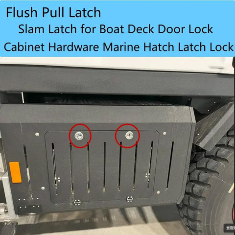 Rock Solid Heavy Duty 2 Piece Flush Pull Slam Latch Kit With Slick Black Steel Build on cabinet door.