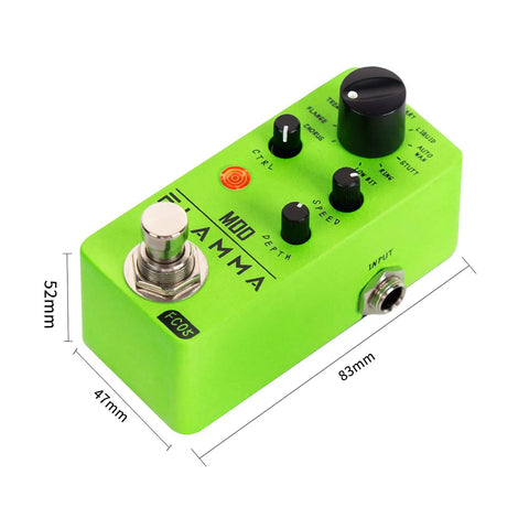 Green Mini Modulation Pedal With 11 Classic Effects Chorus Flanger Tremolo Phaser Vibrato Rotary Liquid Auto Wah Stutter Ring Low Bit Durable Metal Shell Tiny But Mighty Portable For Stage And Studio Use Pedalboard Friendly, dimensions shown
