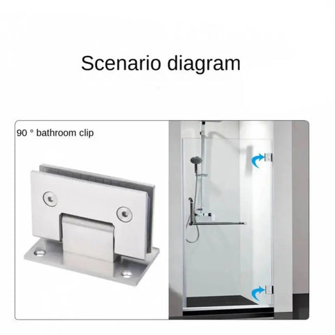 Diagram of 90 Degree Glass Door Hinge Stainless Steel Wall Mount Frameless Glass Fixing T Clip for bathroom display doors.