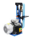 Heavy Duty Vertical Belt Sander 1500 Watt Belt Grinder And Polisher For Quick Change Sandpaper And Precision Finishing Rock Solid 220 Volt Shop Workhorse, blue frame, 220V motor, sanding belt attached.