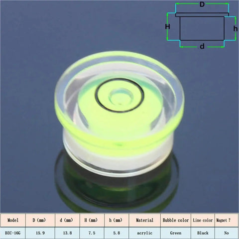 Scale Spirit Level Bubble Bead Water Bubble Level Hole D14-18mm in green acrylic, top view showing bubble and dimensions.