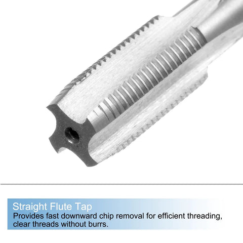 Close-up of a straight flute tap from the Three Piece Hand Tap And Die Set For M11 X 1 Taper And Plug Taps Right Hand Taps And Round Die Hand Threading Tool Kit.