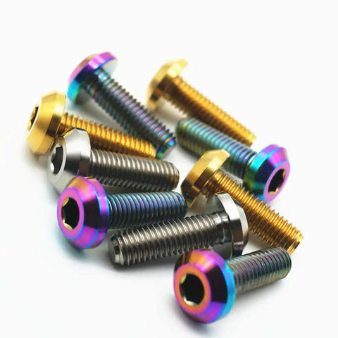 6 Pack M8x15mm Titanium Hex Socket Cap Screws For Motorcycle Disc Brake Mod in various colors against a white background.
