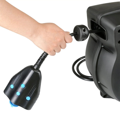 Hand pulling cord from Heavy Duty 50 Foot Cord Reel Extension With Slow Retraction Technology, enclosed spring-driven case visible