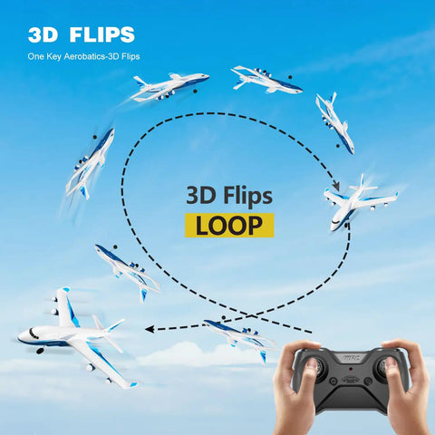 Starter Friendly Foam RC Airplane With 3 Batteries, 2.4GHz Long Range Remote, Up To 656 Feet Flight Range shown performing 3D flips
