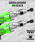 20 Piece Nut Driver Set For Impact Drill With One Quarter Inch Hex Drive SAE And Metric Industrial Grade Chromium Vanadium Steel Non Magnetic Black Phosphate Coating For Corrosion Resistance shown with green impact drills.