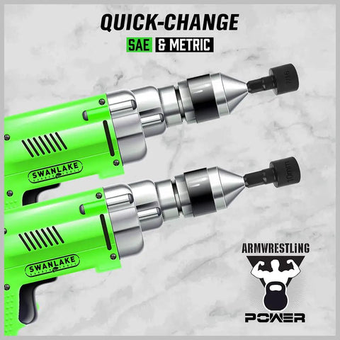 20 Piece Nut Driver Set For Impact Drill With One Quarter Inch Hex Drive SAE And Metric Industrial Grade Chromium Vanadium Steel Non Magnetic Black Phosphate Coating For Corrosion Resistance shown with green impact drills.