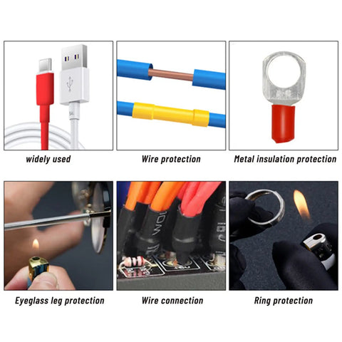 328 Piece Heat Shrink Tube Kit For Wiring And Cable Insulation, Assorted Sizes And Colors, DIY Friendly And Easy To Use With 2 To 1 Shrink Ratio, Tubing Wrap For Wires And Cables, Automotive And DIY Electrical Projects shown in various applications.