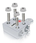 Eight Way Battery Terminal Distribution Block For Lithium Or Agm Batteries Featuring Four Awg Hole Holders Plus Threaded Studs, showing silver finish and threaded studs.