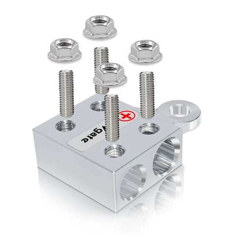 Eight Way Battery Terminal Distribution Block For Lithium Or Agm Batteries Featuring Four Awg Hole Holders Plus Threaded Studs, showing silver finish and threaded studs.