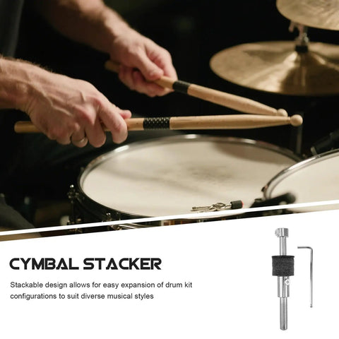 Premium Threaded Cymbal Stacker Mount Boom Arm With Sleeve Clutch For Electronic Drum Set, shown with drumsticks on snare.