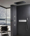 Badass Wall Mounted LED Shower System With Copper Faucet And 43Cm Canopy Featuring Six Mode Spray Settings Rust Proof Silver Finish Smooth Thermostatic Valve Game Changer Build in modern bathroom setting.