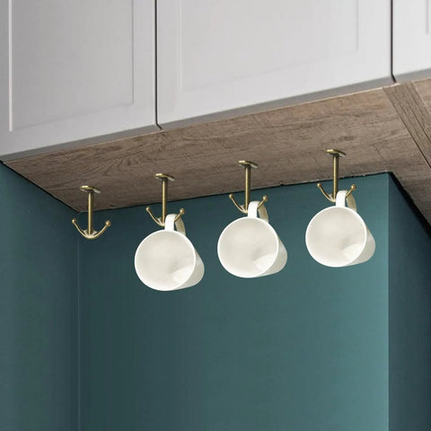 Two Prong Ceiling Hooks Set In Bronze Finish, Heavy Duty Zinc Alloy Construction, installed under shelf holding cups