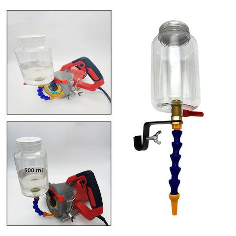 Dust Buster Water Sprayer System for Marble Brick and Tile Cutters, coolant nozzle attached to angle grinder, close-up view.