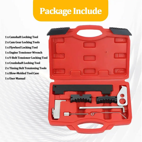 Top Shelf Car Timing Tool Kit Built like a Tank to Hold Your Engine Tight Includes Camshaft Belt Locking Pins and Tensioning Alignment Set Made from Tough Carbon Steel Fits 16V 1.4 1.6 1.8 Motors EN6340 KM6340 Garage Must Have Red Gear with tools in red case.