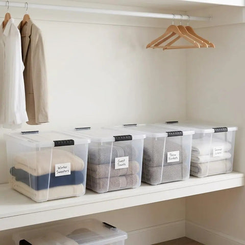 60 Quart Clear Plastic Storage Bins With Secure Latching Lids Heavy Duty Stackable Tote Containers For Home Organization in closet.