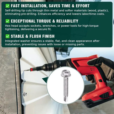 Heavy Duty Workhorse Size Twelve X Two Hex Washer Head Self Drilling Screws, 410 Stainless Steel Tek Fasteners in use with power drill.
