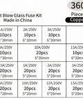Label chart for Automotive Fuse Kit With 360 Piece Glass Tube Fuses In 5x20mm And 6x30mm Sizes Fast Melting For Quick Car Electrical Repairs