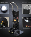 Heavy Duty Electric Stair Climber Hand Truck With 2200W Brushless Motor For Moving Heavy Loads Up Down Stairs Safely Featuring details of rubber off-road tyres and telescopic tow bar.