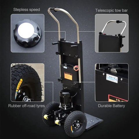 Heavy Duty Electric Stair Climber Hand Truck With 2200W Brushless Motor For Moving Heavy Loads Up Down Stairs Safely Featuring details of rubber off-road tyres and telescopic tow bar.