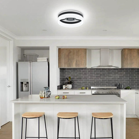 Dope Modern LED Semi Flush Mount Ceiling Light With Black Ring Vintage Modern Eleven Point Eight Inch Ring 18W Daylight 6000K Ceiling Lamp For Laundry Room And Bedroom Bright Energy Efficient Fixture That Elevates Any Space in a kitchen.