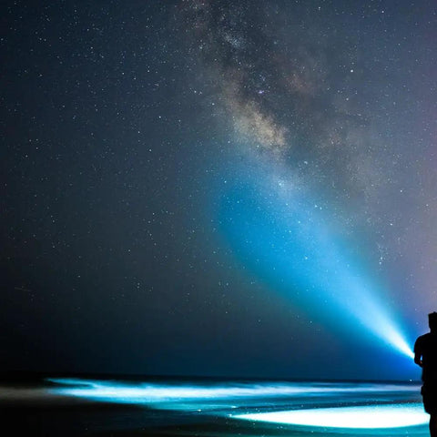 Person using Beast Mode Rechargeable LED Flashlight With 671 Lumens And 185 Meter Beam under starry night sky