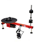 Electric Stretch Film Wrapping Bench With Wrap Around Capability Stainless Steel Pallet Frame Fits 27.5 Inch Wide Film Semi Automatic And Manual Modes Fast 30 RPM Cycle A Real Workhorse For Logistics Packaging And Shipping Supplies, shown from side angle