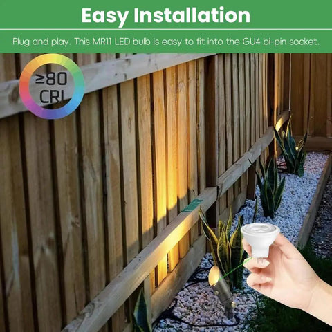 Top Notch MR11 GU4.0 BiPin LED Bulb 3W 12V AC DC Low Voltage Spotlight illuminating outdoor fence