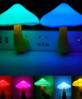 Two Pack LED Mushroom Night Lights Plug In Wall Lamps With 7 Color Changing Sensor glowing in various colors
