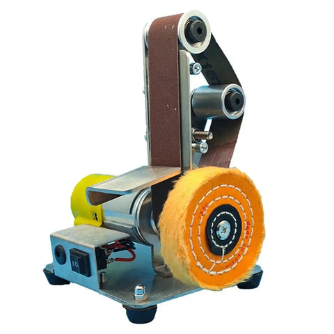 Compact Desktop Vertical Mini Electric Polishing Belt Sander Machine With 9000 Rpm Grinding Wheel Motor on a workbench for precision sanding tasks.