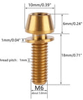 Six Pack Titanium M6x16mm M6x18mm M6x20mm Allen Hex Tapered Head Bolts For Bicycle Fittings Gold Finish Ultra Lightweight Grade 5 6AL4V Corrosion Resistant Pack Of 6, showing detailed measurements and threading.