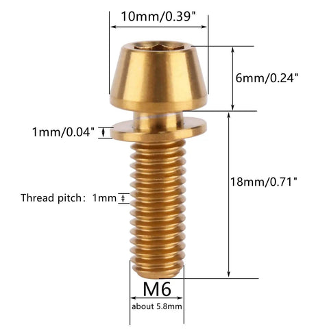 Six Pack Titanium M6x16mm M6x18mm M6x20mm Allen Hex Tapered Head Bolts For Bicycle Fittings Gold Finish Ultra Lightweight Grade 5 6AL4V Corrosion Resistant Pack Of 6, showing detailed measurements and threading.