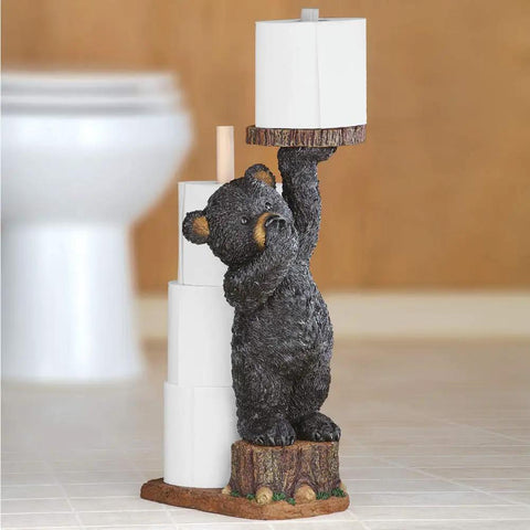 Cute Bear Cub Toilet Paper Holder Stands 22 Inches Tall Resin And Wood Bear On Tree Stump With Post Holds 3 Spare Rolls Funny Bathroom Decor