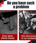 Image comparison showing worn car pedal and car accident with text 'Easy aging affects beauty' and 'Non-skid prone to car accidents'.