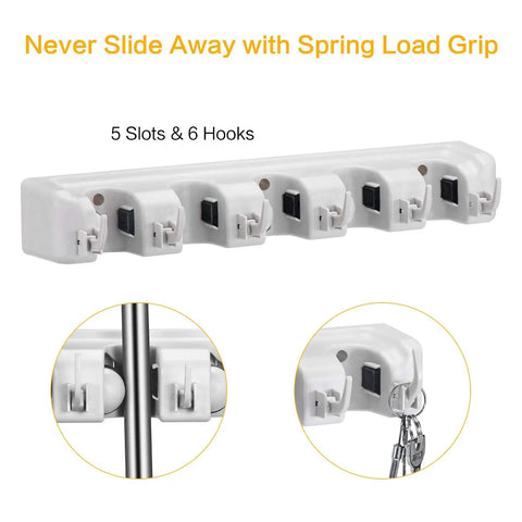 Wall Mounted Mop Broom Holder Organizer Rack With 5 Slots And 6 Hooks For Kitchen Garage Laundry Garden Tools Go To Space Saving Storage Heavy Duty Plastic Includes Screws And Anchors Holds Up To 25 Lbs
