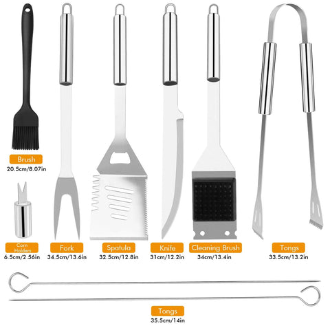All In One Grill Tools Set 15 Pcs Stainless Steel BBQ Accessories Kit With Portable Carry Bag displayed with utensils