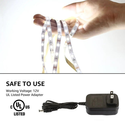 Hand holding 16.4Ft Dimmable LED Strip Lights With 300 High Brightness 2835 LEDs, Daylight White 6000K, with 12V power adapter