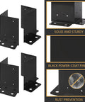 Four Pack Post Anchor Base Set Black Powder Coated Deck Post Brackets Built To Last Heavy Duty Wood Posts For Pergola Railing Deck Or Mailbox Fits 4x4 6x6 8x8 With Adjustable Half Column Base, side view of powder-coated steel brackets