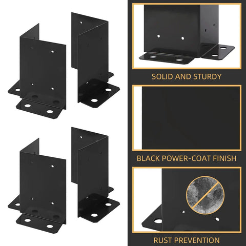 Four Pack Post Anchor Base Set Black Powder Coated Deck Post Brackets Built To Last Heavy Duty Wood Posts For Pergola Railing Deck Or Mailbox Fits 4x4 6x6 8x8 With Adjustable Half Column Base, side view of powder-coated steel brackets